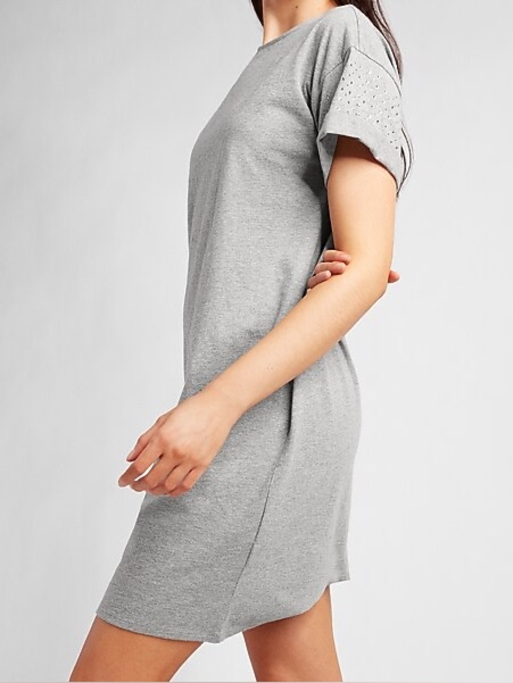 Express Gray Midi Knit Dress with Studded Roll-Sleeves